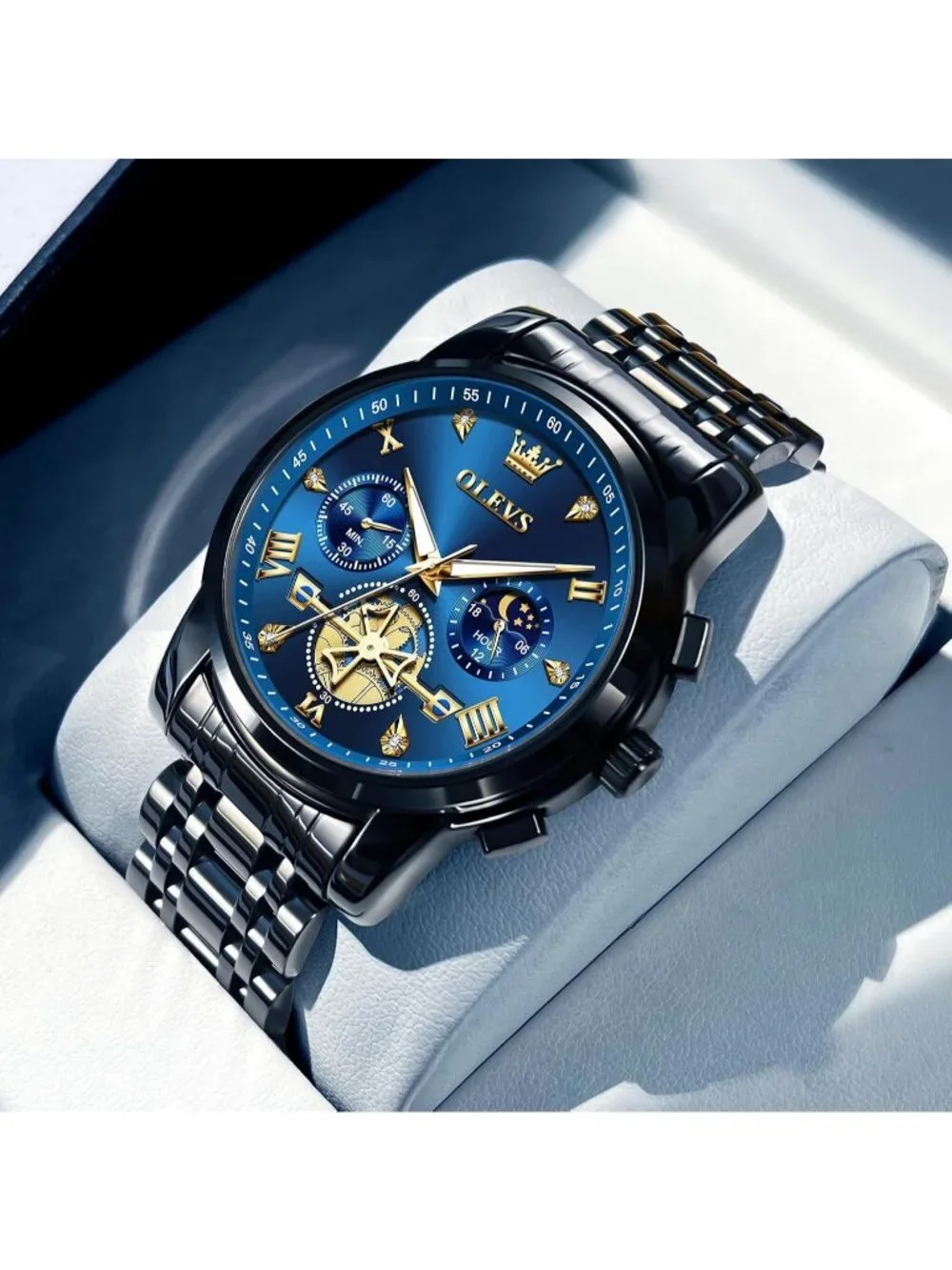 Men's Blue / Black Stainless Steel Chronograph Waterproof Quartz Dress Watch_3